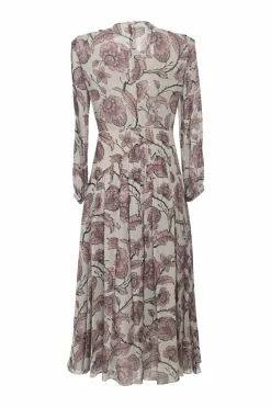 Blush silk floral print keyhole-front A-line midi dress with blouson sleeves and gathered skirt