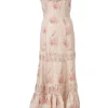Blush silk floral print off-shoulder tie-waist ruffled maxi dress with tiered skirt