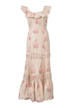 Blush silk floral print off-shoulder tie-waist ruffled maxi dress with tiered skirt