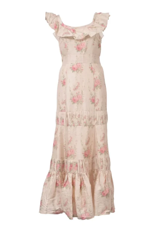 Blush silk floral print off-shoulder tie-waist ruffled maxi dress with tiered skirt