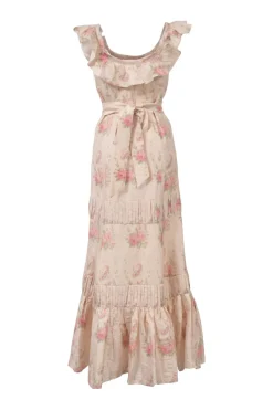 Blush silk floral print off-shoulder tie-waist ruffled maxi dress with tiered skirt