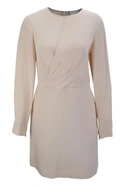 Blush silk midi dress with long sleeves and twist front
