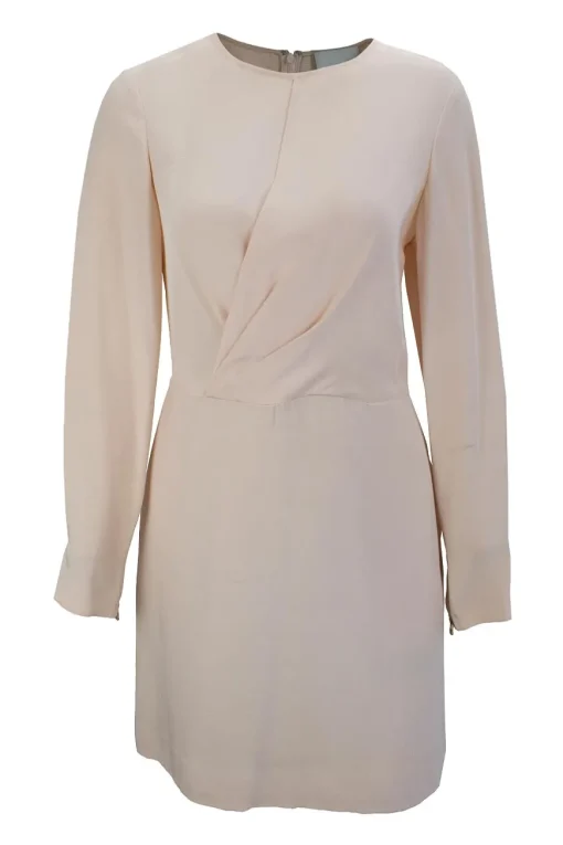Blush silk midi dress with long sleeves and twist front