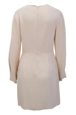 Blush silk midi dress with long sleeves and twist front