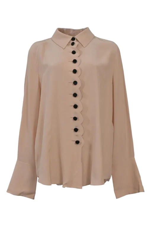 Blush silk spread collar button-front shirt with scalloped placket