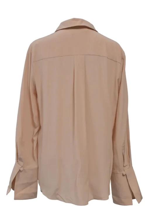 Blush silk spread collar button-front shirt with scalloped placket