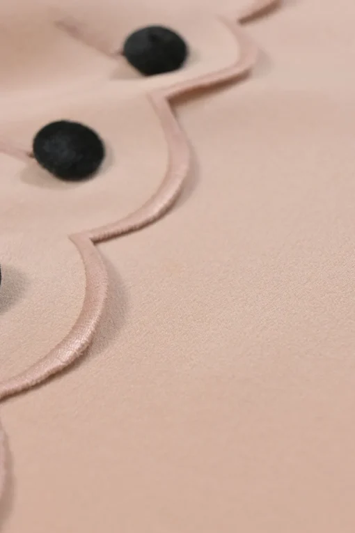 Blush silk spread collar button-front shirt with scalloped placket