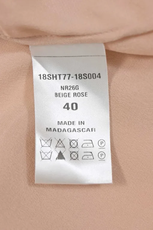 Blush silk spread collar button-front shirt with scalloped placket