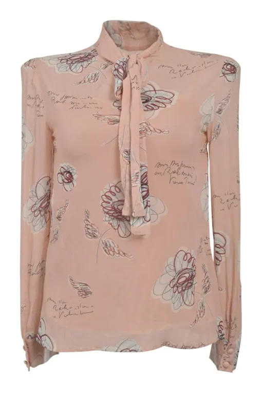 Blush silk-blend abstract floral print pussy-bow blouse