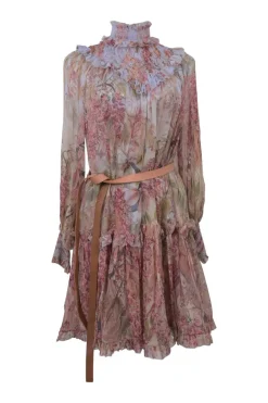 Blush smocked silk abstract floral print high-collar belted A-line mini dress with bishop sleeves