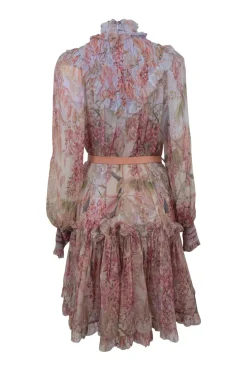 Blush smocked silk abstract floral print high-collar belted A-line mini dress with bishop sleeves