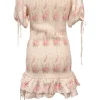 Blush smocked silk floral print drop-waist puff sleeve ruffled mini dress