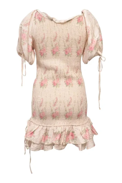 Blush smocked silk floral print drop-waist puff sleeve ruffled mini dress