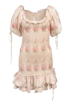 Blush smocked silk floral print drop-waist puff sleeve ruffled mini dress