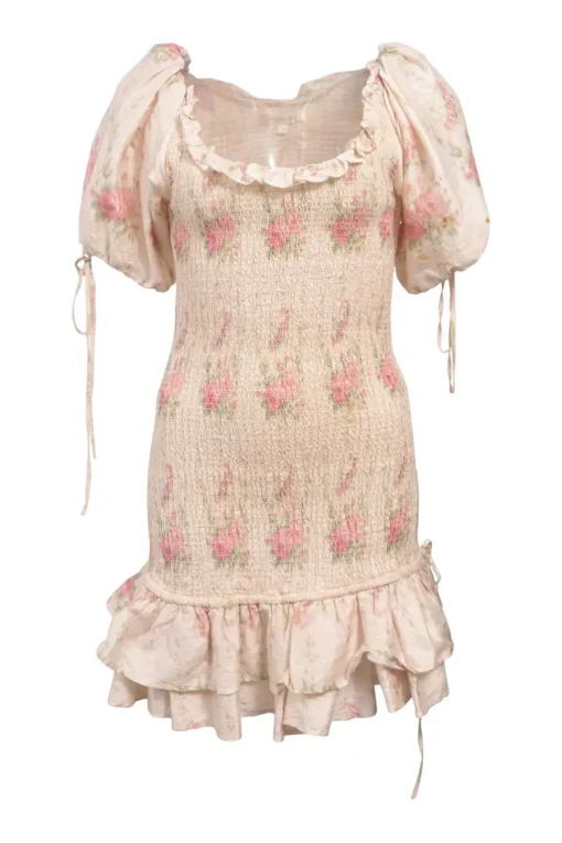 Blush smocked silk floral print drop-waist puff sleeve ruffled mini dress
