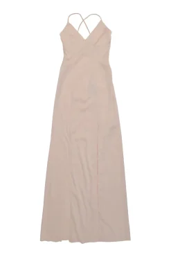 Blush viscose-blend cutout slip gown with adjustable tie-strap fastening at centre back