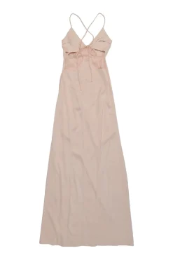 Blush viscose-blend cutout slip gown with adjustable tie-strap fastening at centre back