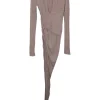 Blush viscose-blend jersey draped plunge asymmetric thigh-high slit tulip dress with high-low hem