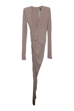 Blush viscose-blend jersey draped plunge asymmetric thigh-high slit tulip dress with high-low hem