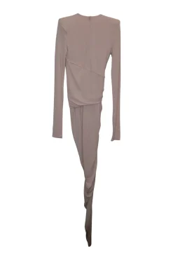 Blush viscose-blend jersey draped plunge asymmetric thigh-high slit tulip dress with high-low hem