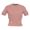 Blush viscose-blend mock neck puff sleeve button-back knit top with waist adjuster detail