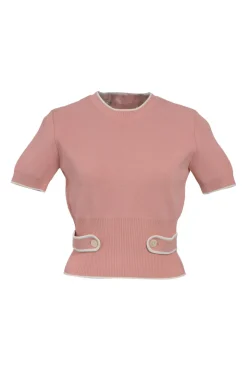 Blush viscose-blend mock neck puff sleeve button-back knit top with waist adjuster detail