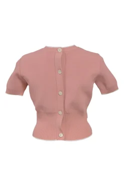 Blush viscose-blend mock neck puff sleeve button-back knit top with waist adjuster detail