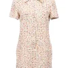 Blush viscose-blend pois bouclé tweed half-button short sleeve slip-on shift dress with oversized spread collar