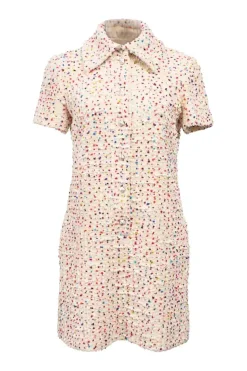 Blush viscose-blend pois bouclé tweed half-button short sleeve slip-on shift dress with oversized spread collar