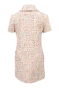 Blush viscose-blend pois bouclé tweed half-button short sleeve slip-on shift dress with oversized spread collar