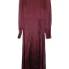 Bordeaux silk satin pullover high-collar foulard A-line dress with keyhole back