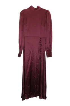 Bordeaux silk satin pullover high-collar foulard A-line dress with keyhole back