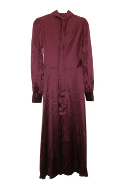 Bordeaux silk satin pullover high-collar foulard A-line dress with keyhole back