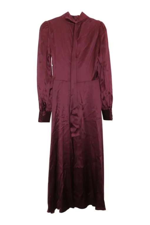 Bordeaux silk satin pullover high-collar foulard A-line dress with keyhole back