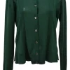 Bottleneck green wool-silk blend striped interlock jersey knit button-front cardigan