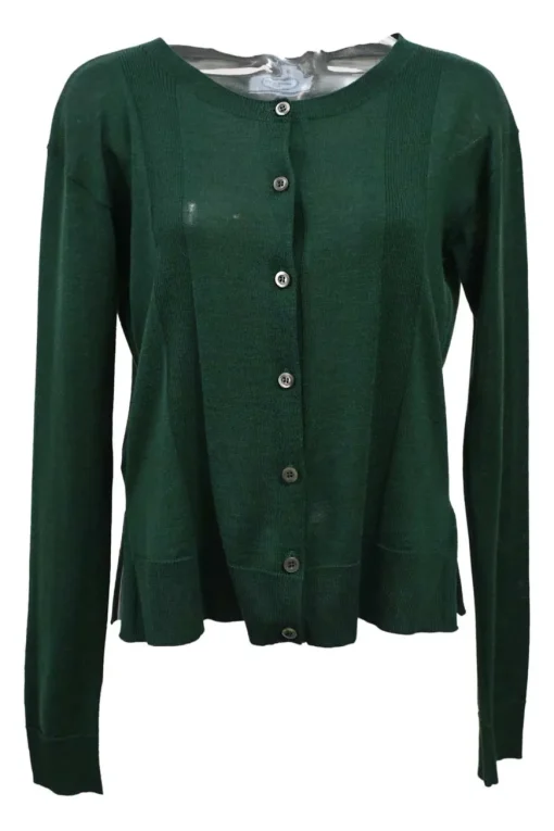 Bottleneck green wool-silk blend striped interlock jersey knit button-front cardigan