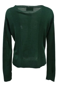 Bottleneck green wool-silk blend striped interlock jersey knit button-front cardigan