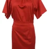 Boutique red embellished cotton-blend dolman sleeve blouson dress with bead appliqué along gathered neckline
