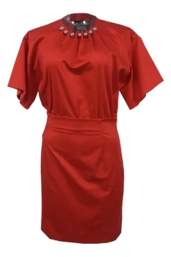 Boutique red embellished cotton-blend dolman sleeve blouson dress with bead appliqué along gathered neckline