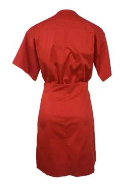 Boutique red embellished cotton-blend dolman sleeve blouson dress with bead appliqué along gathered neckline