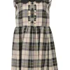 Bow-embellished multi-colour raw-edge wool tartan sleeveless collared mini dress