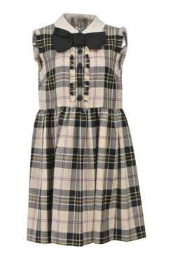 Bow-embellished multi-colour raw-edge wool tartan sleeveless collared mini dress
