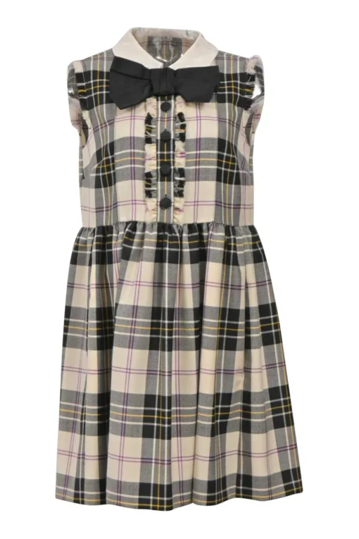 Bow-embellished multi-colour raw-edge wool tartan sleeveless collared mini dress