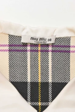 Bow-embellished multi-colour raw-edge wool tartan sleeveless collared mini dress