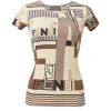Brown and beige polyamide-blend abstract graphic logo print short sleeve pullover crewneck T-shirt