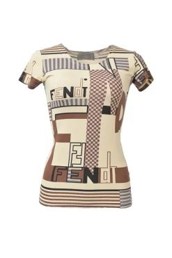 Brown and beige polyamide-blend abstract graphic logo print short sleeve pullover crewneck T-shirt