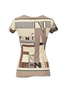Brown and beige polyamide-blend abstract graphic logo print short sleeve pullover crewneck T-shirt