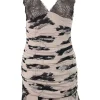 Brown and black sleeveless ruched silk mini dress with lace detail and spaghetti straps