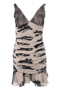 Brown and black sleeveless ruched silk mini dress with lace detail and spaghetti straps