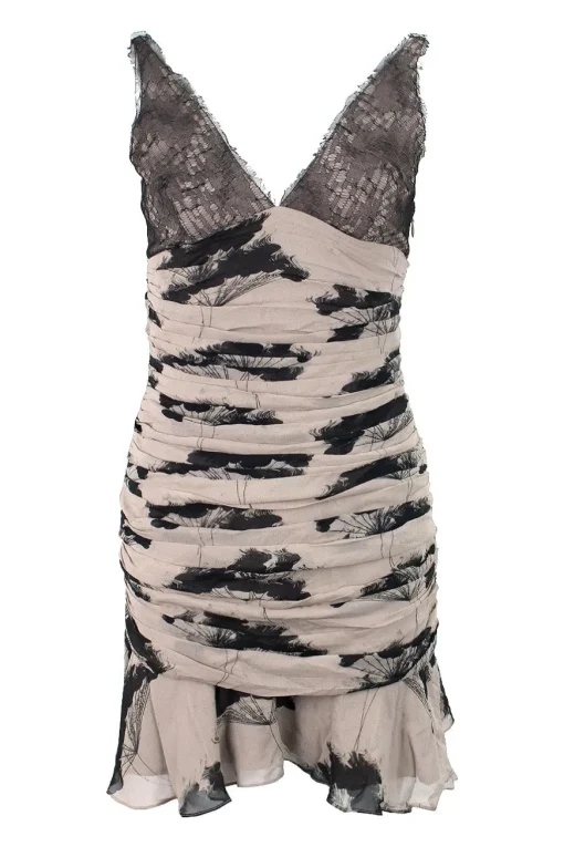Brown and black sleeveless ruched silk mini dress with lace detail and spaghetti straps